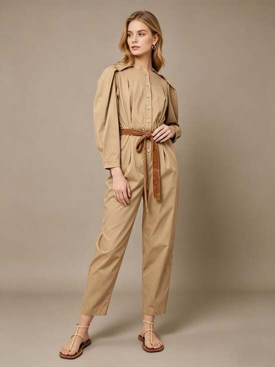Farm Rio Pants - $280 NWOT Farm Rio Cotton Blend Brown Raglan Sleeve Jumpsuit Size S